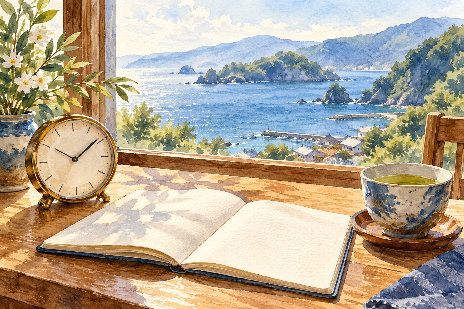 海を望む窓辺に置かれた時計と旅行ノートの水彩イラスト