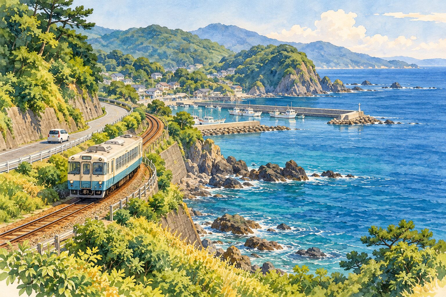 海沿いを走る電車と車を描いた水彩イラスト