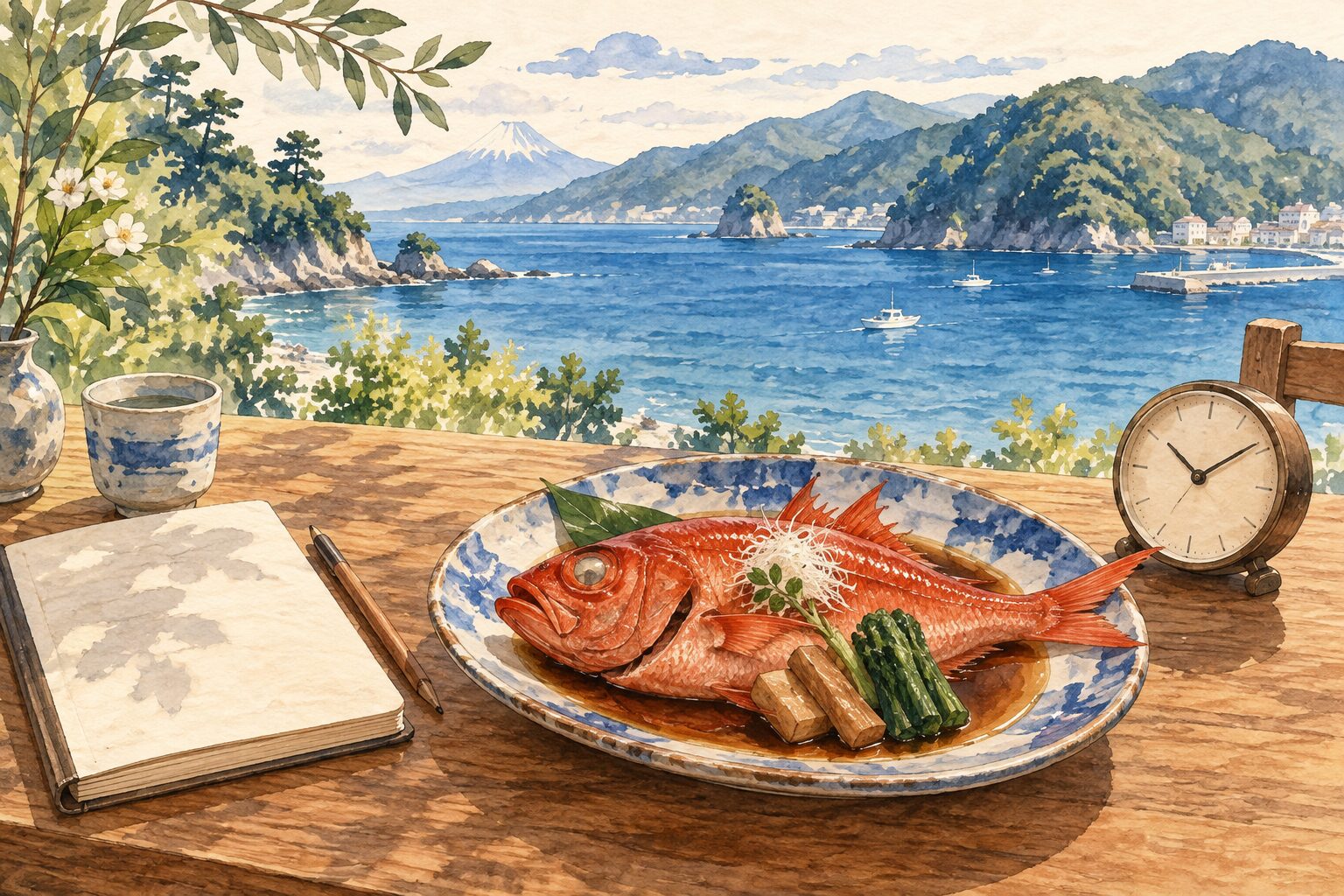 海辺の旅行をイメージした、魚料理と時計、旅のノートの水彩イラスト